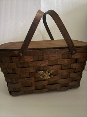 Vintage Woven Wood Picnic Basket with Brass Eagle Accent 17x9”